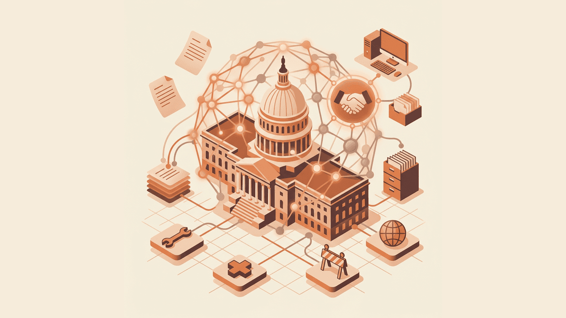 Abstract visualization of AI neural networks overlaid with government building iconography