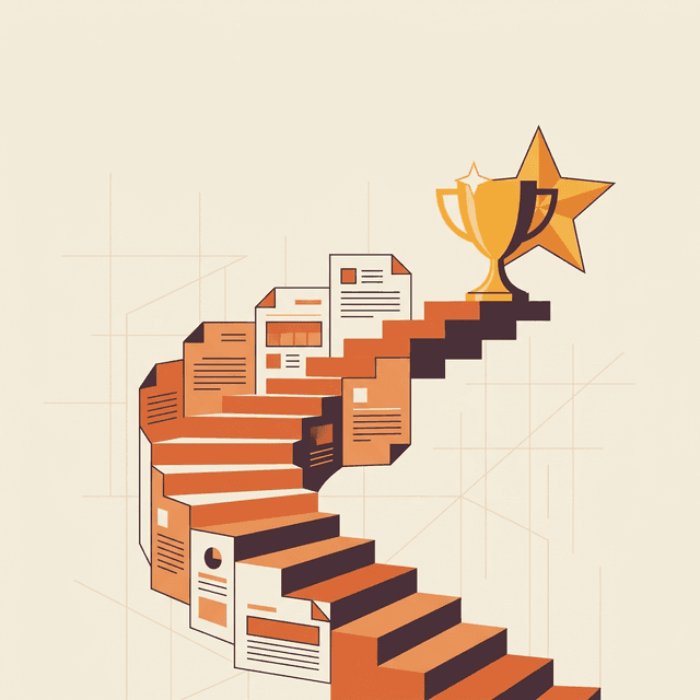 Staircase of contract documents leading to a trophy